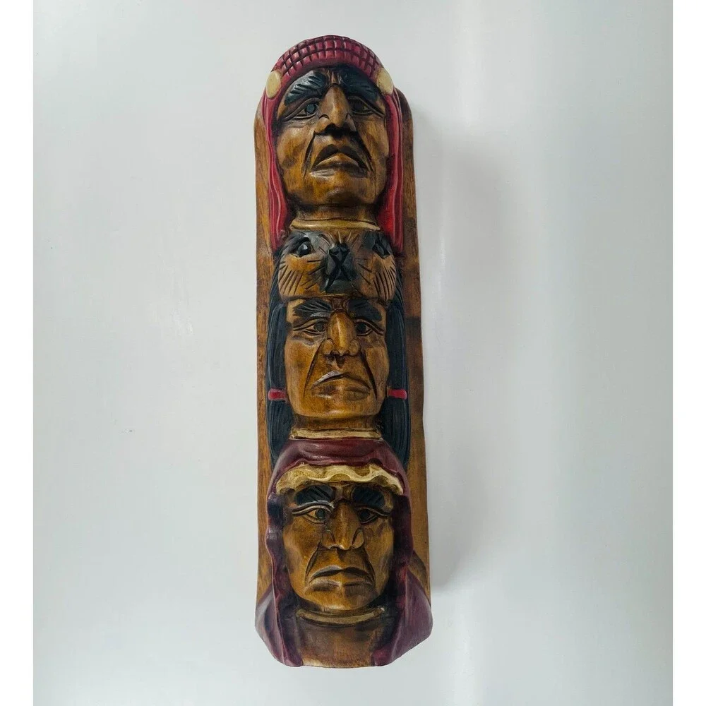 Native American 3-Face Wood Totem Pole Beaver Hand Carved Sculpture 16